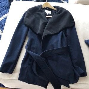 BCBG Navy Blue with Black Collar Wrap Coat. New!